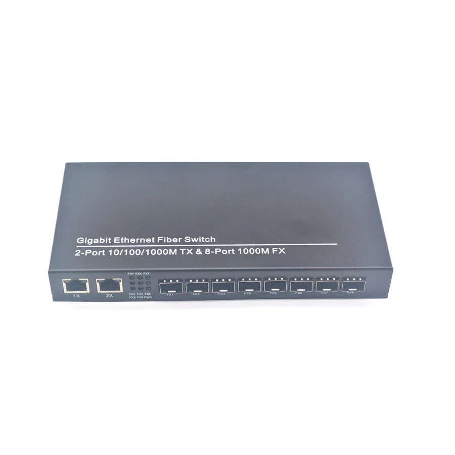 10 port optic fiber transceiver Ethernet switch 8 x 1G SFP slots plus 2 x gigabit RJ-45 12V 1A media converter