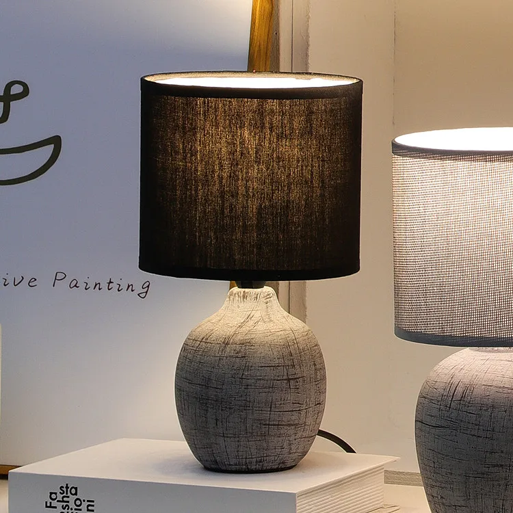European modern table lamps cheap living room black bedside night light lamp with linen lampshade
