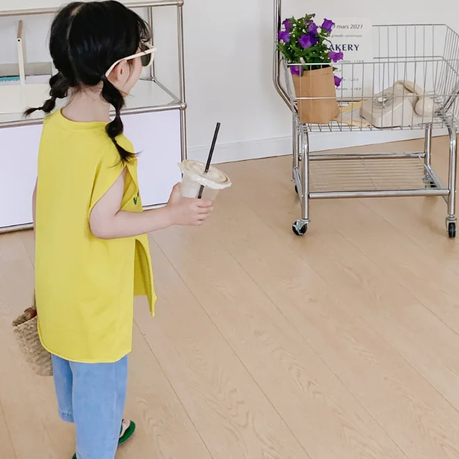 KS0998 Words print fashion toddler and kids girls summer sleeveless top 2022 cotton long slit t shirt