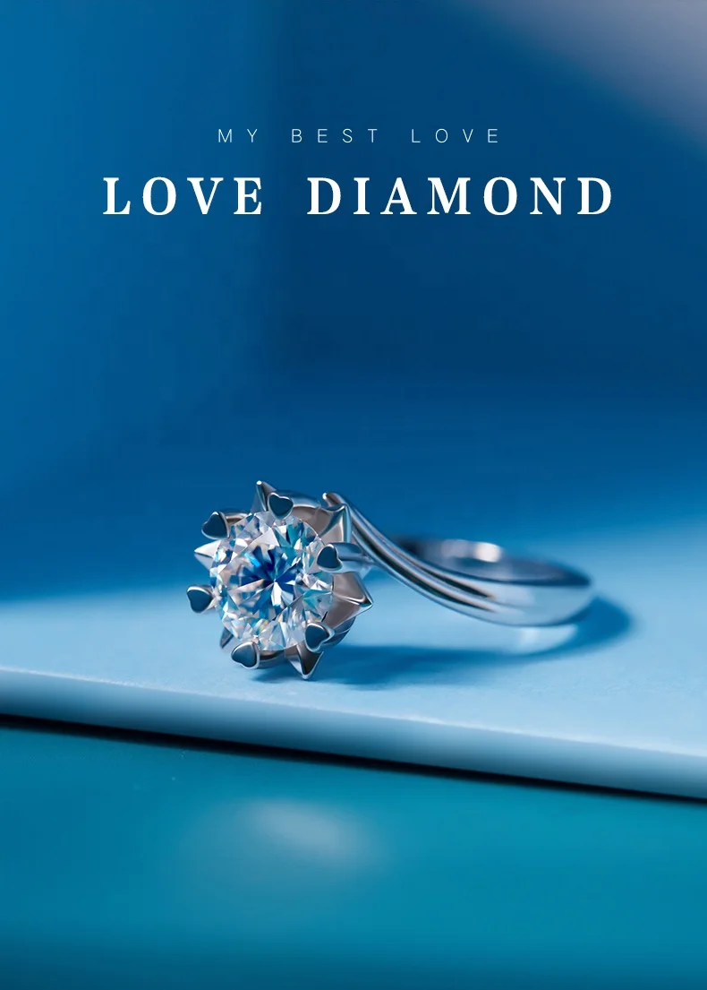 Hot Selling White DEF Color 925 Silver Stunning 1ct Gem Stone Moissanite Jewelry Ring