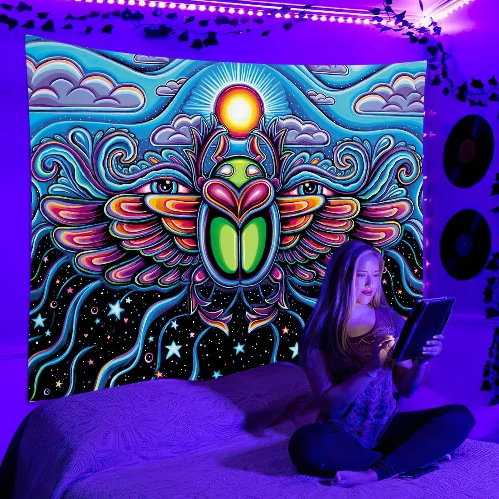 Wall Skull Tapestry Decor UV Reactive Black Light Colorful Mushroom Night Glowing Tapestries for Bedroom