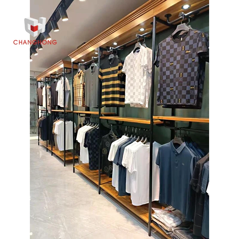 Commercial Iron Clothing Rack Wall Mounted Hanging Shelf For Clothing Racks For Clothing Store Men with LED Lights