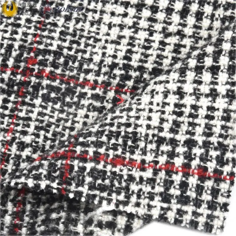 No Moq Black White Red Grid Jacquard Fabric Plaids Polyester Wool Acrylic Breathable Tops Woven Tweed Fabric