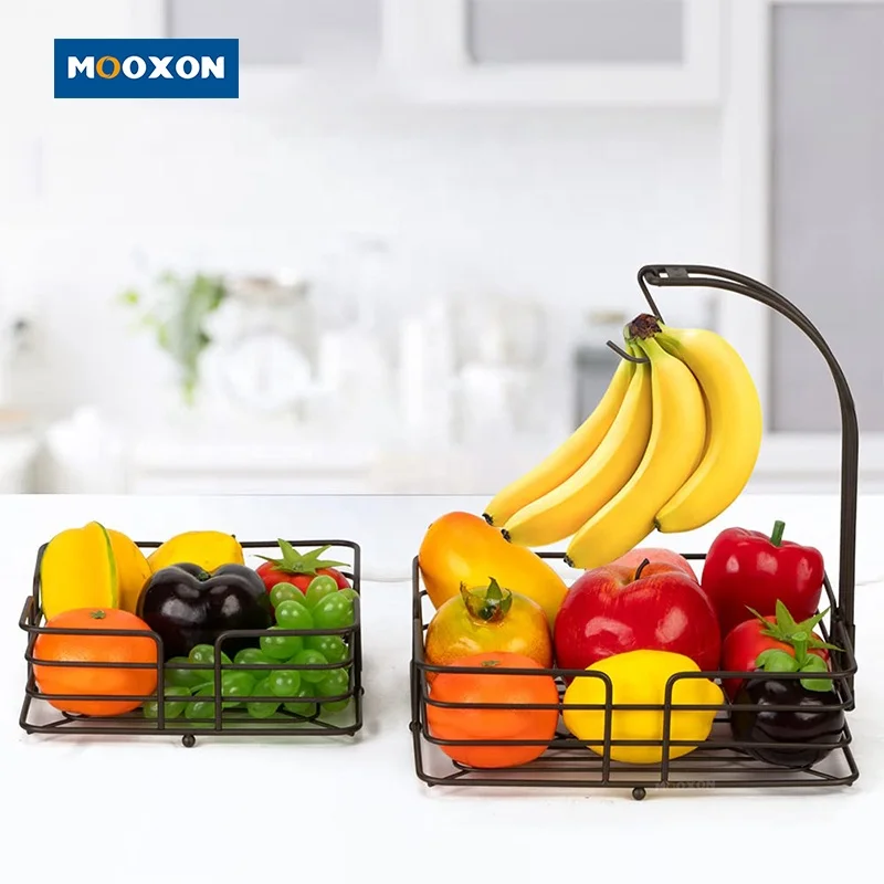 OEM 2-Tier Square Black Organizer Metal Fruits Holder Banana Hanger Kitchen Storage Fruit Vegetables Basket Bowl for Countertop