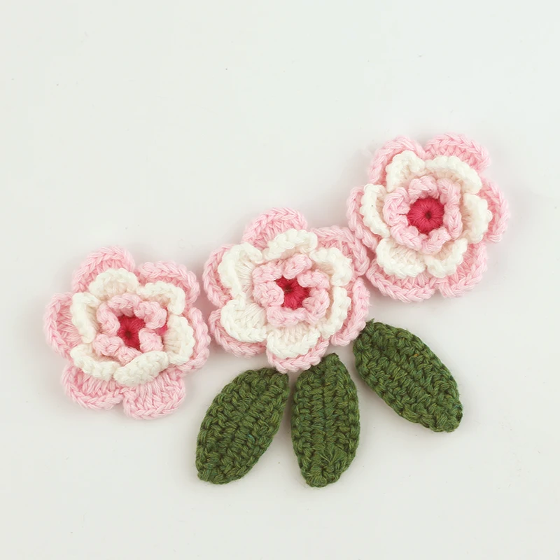 Ручная работа, вязаный крючком цветок с зелеными листьями, 3D хлопковый цветочный мотив, сделай сам, одежда, повязка для волос, сумка, аксессуары