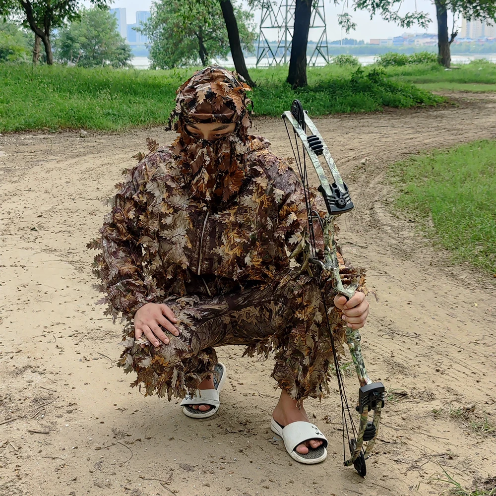 New Mens Lightweight 3D Leaf Hooded Camouflage Ghillie Suit Breathable Hunting Suit for Jungle Hunting Shooting