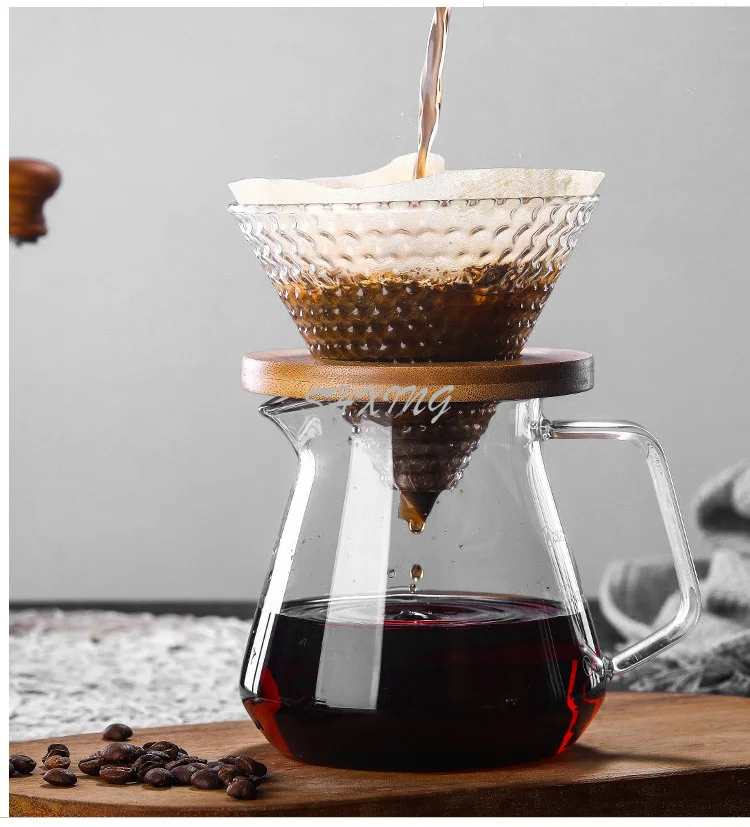 Coffee Pot Style V60 Glass Wooden 700ML/500ML Coffee Dripper and Pot Set for Reusable Coffee Filters