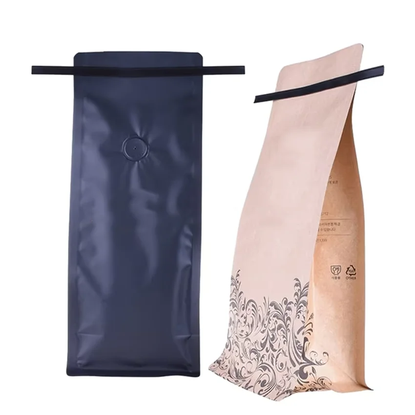 Custom Design Aluminum Foil Matt Black Coffee Beans Packaging Tin Tie Square Bottom Coffee Bags With Degassing Valve