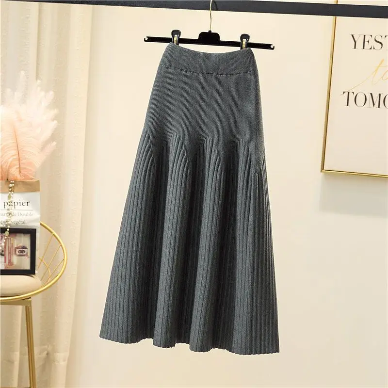 2023 Knit Skirt Midi Length Pleated Long Skirts For Women A Line Thick Slim High Quality Skirts For Women