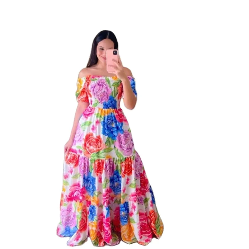 New color flower slim-fit photo dress one line shoulder floral off-the-shoulder long printed fairy dress
