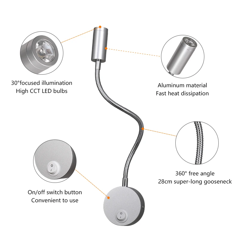 RV lights 12-24V LED Flexible Gooseneck Wall Reading Light Wall Mounted Bedside Lamp With Switch for Bedroom Workbench Hotel