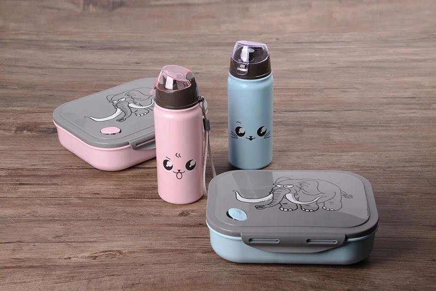 Kid children Cartoon Animal Elephant Plastic Bento Lunch Box with Water Bottle Set and spoon safe plastic food container