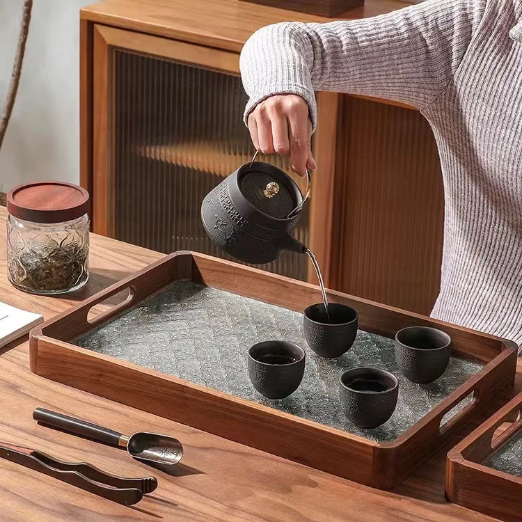 High-Class Rectangular Shape Wooden Serving Trays With Glass Bottom Elegant Wood Trays For Food and Snack