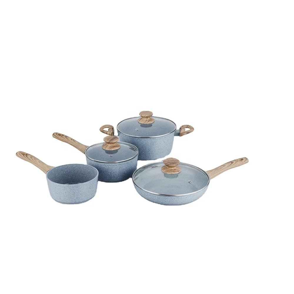 Marble Coated Cookware Set Pewter,7 Pcs Pots and Pans Set, Non Stick Stone Kitchen Cooking Set with Frying Pans