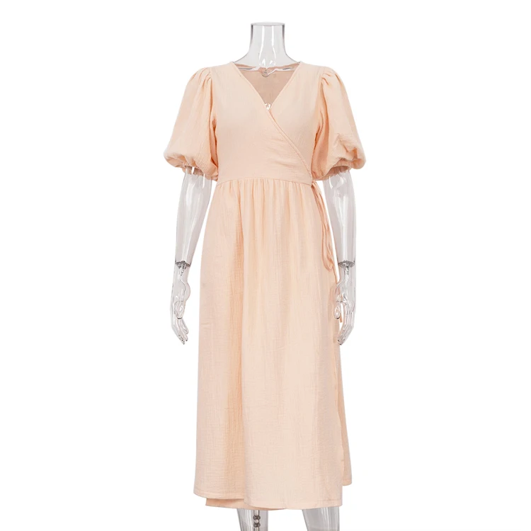 Casual Women Dresses Solid Simple V Neck Short Puff Sleeve Cotton High Waist Lace Up Wrap Robe Midi Elegant Maxi Ladies Dress