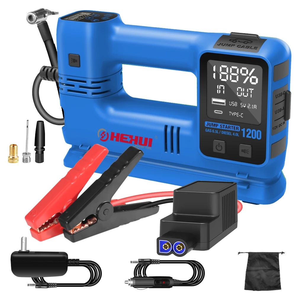 Hehui Electric Digital Battery Operated Air Pump Hand Powered Car Pump Air Compressor With Power Bank