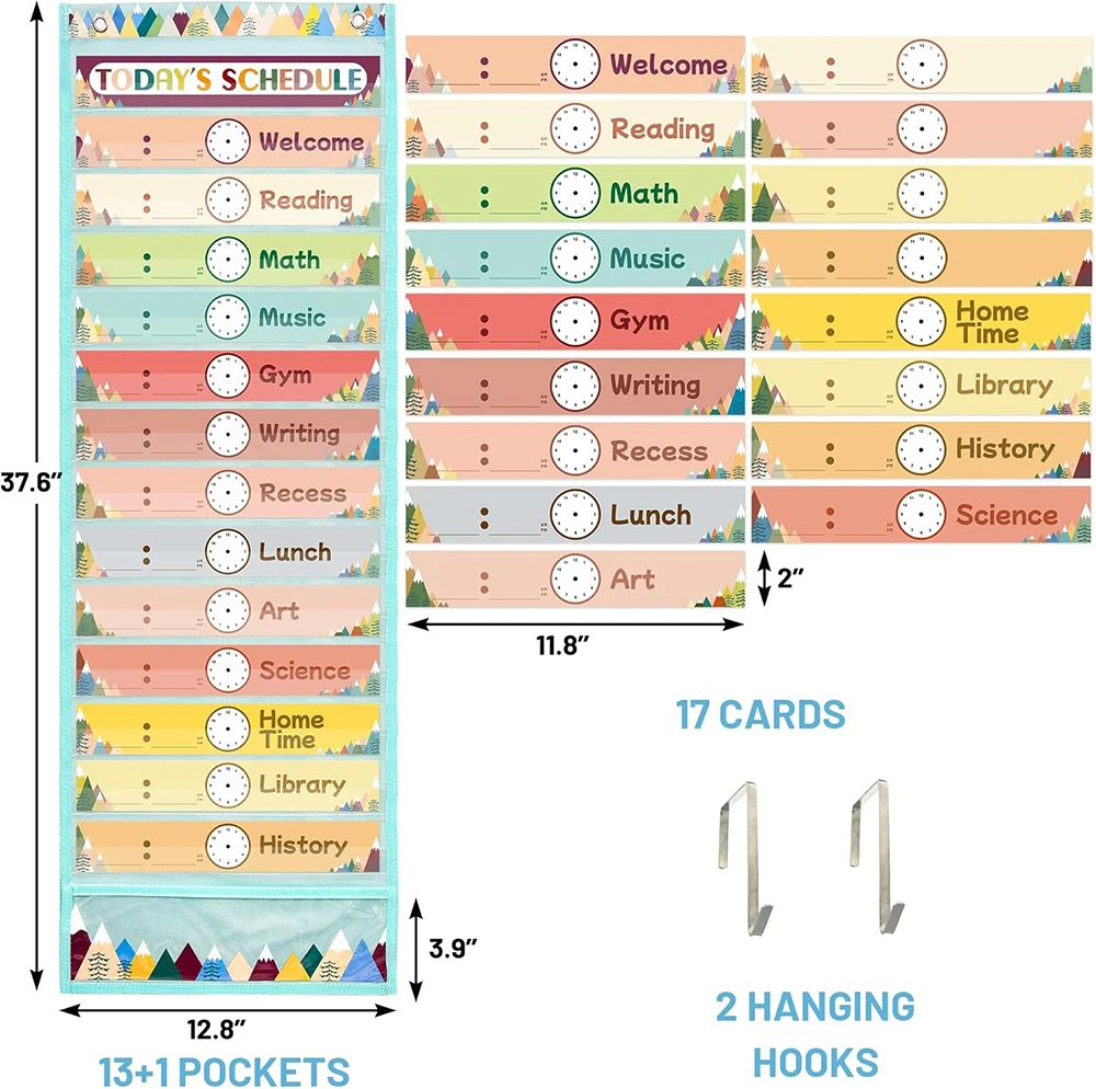 Daily Schedule Pocket Chart 13+1 Pockets Reusable Cards Classroom Pocket Charts with 2 Hangers
