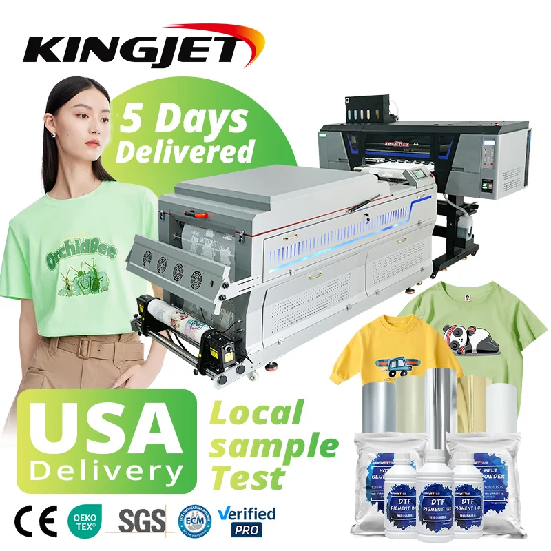 KingJet cmykw dtf printer 60 cm pet film kits shake powder cotton fabric DTG t shirt printing machine