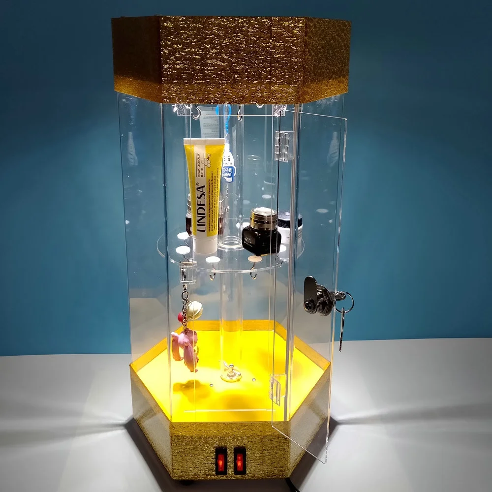 Led illuminated acrylic light display case rotating with lock and door