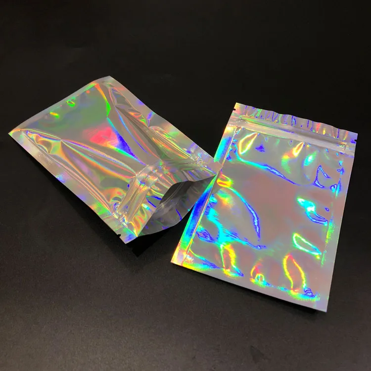 Ready to ship custom logo Mylar zip lock transparent holographic mylar bag