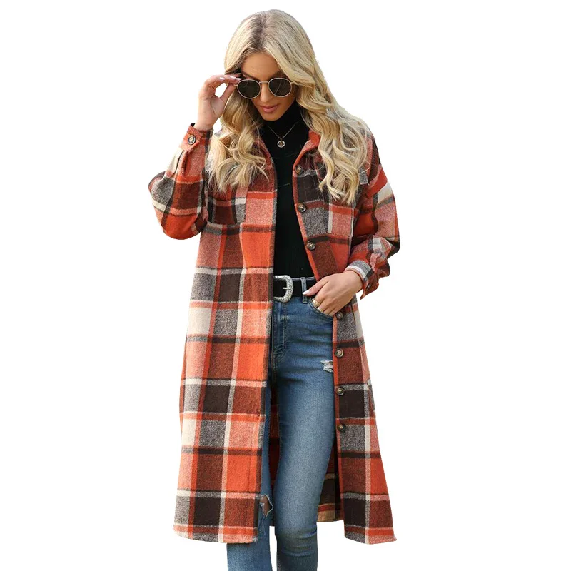 Fashion design autumn winter printed plaid style women ladies casual long woolen trench coat