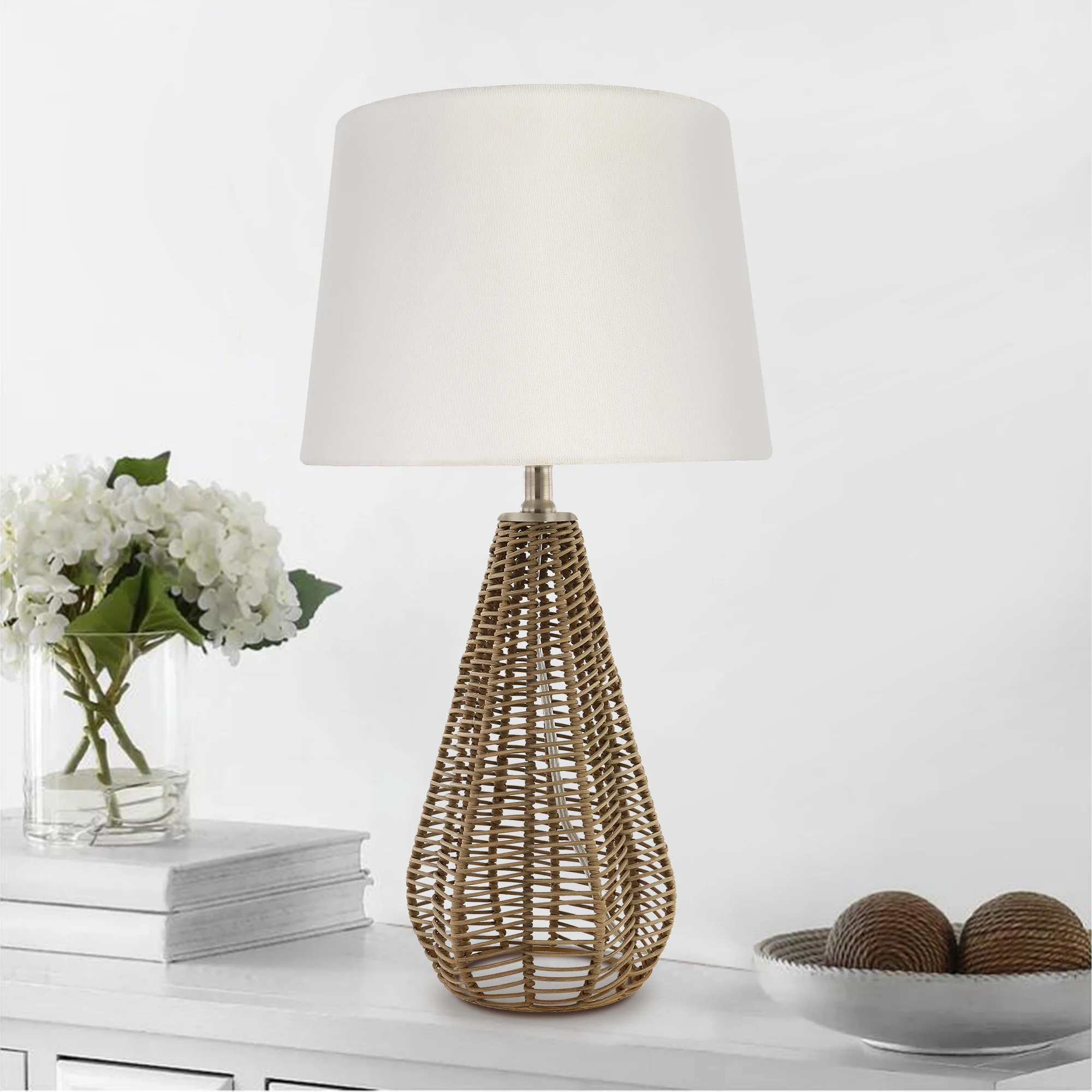 Simple rustic decoration table lamp with rattan lamp base and white drum lamp shade for living room and bedroom