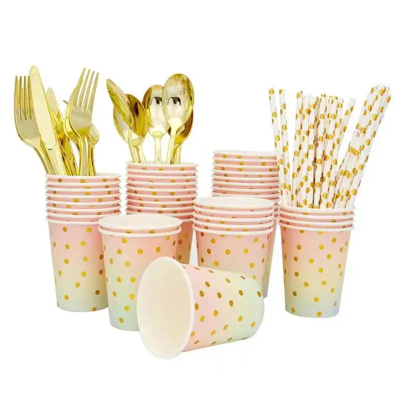 Birthday decorations printing bronzing pink disposable color disposable paper plates and straw for halloween party decoration