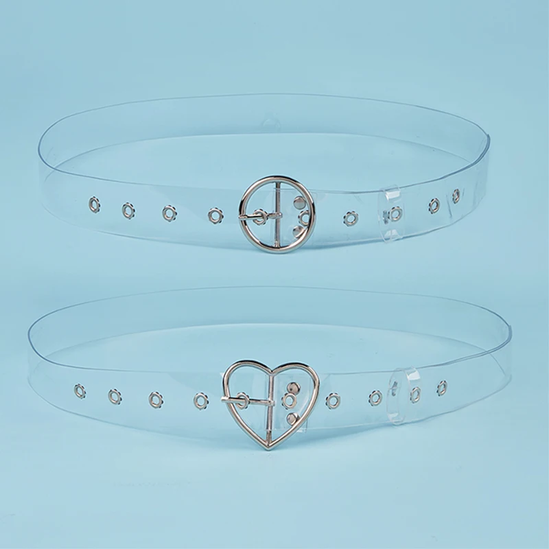 2Pcs Fully Transparent Belt Ins Wind Skirt Female Silver Round Button And Silver Love Button Pvc Plastic Belt