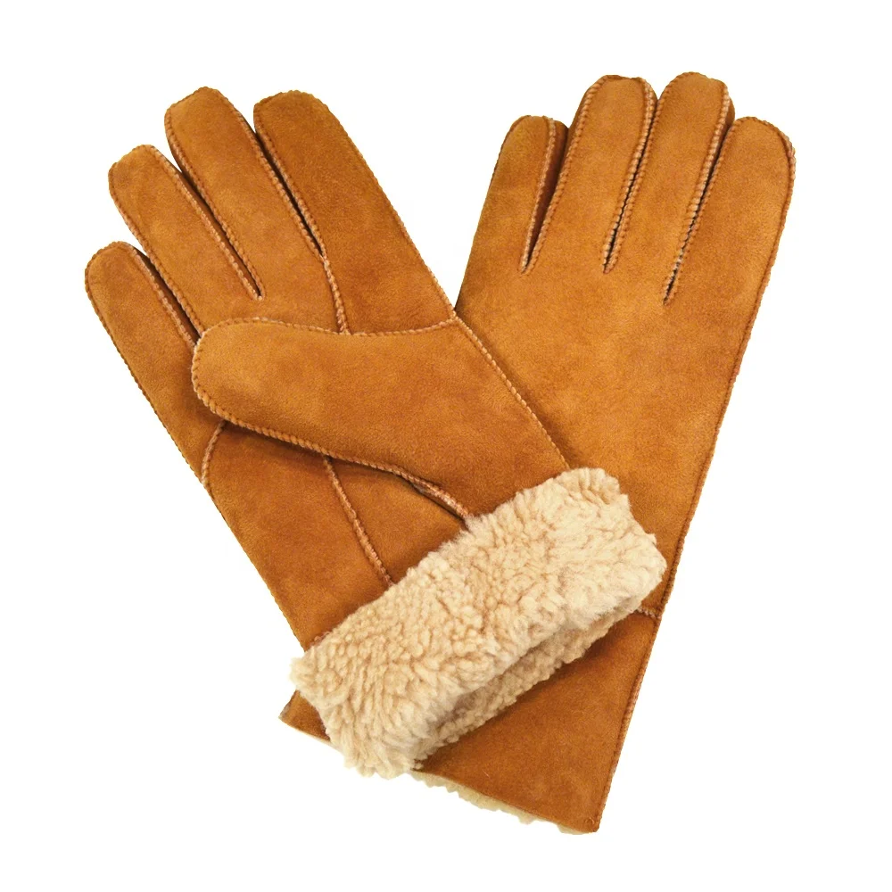 Winter Men Sheep Fur Gloves Full Finger Genuine Suede Sheepskin Leather Motorcycle Gloves Windproof Sheep Fur Lined Mittens