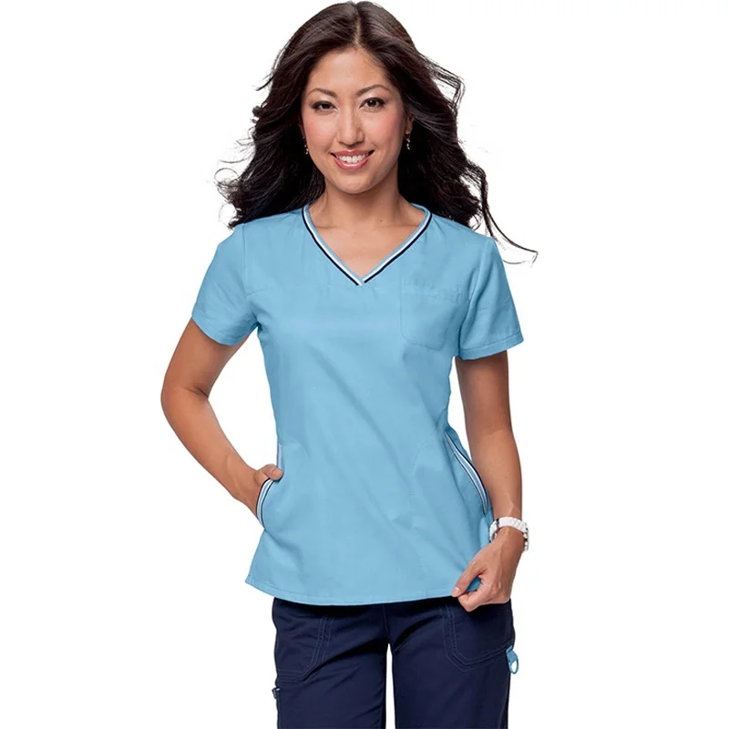 Women Nursing Hospital Uniform Rib Crew Neck Three Pocket Custom Made Nurses Scrub Top