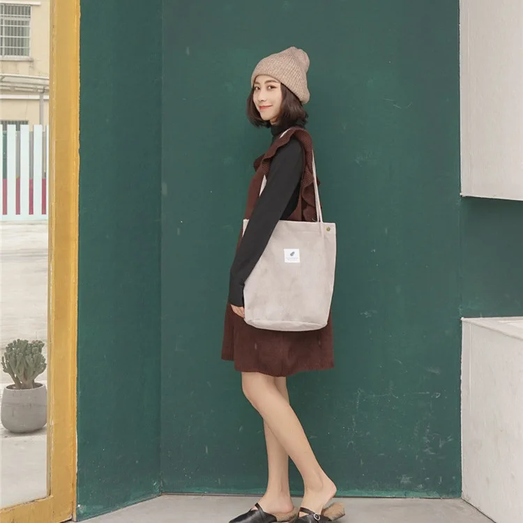Manufacturer supply high quality custom logo korean corduroy tote bag for girls