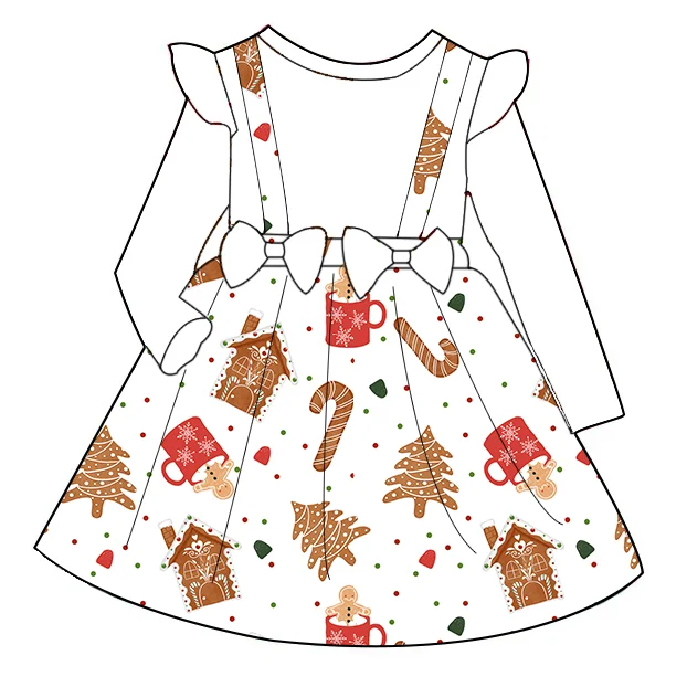 Christmas New Arrival Fashionable Kids Long Sleeve  Bowknot Overall  Dress Custom Printing  Comfortable Fabric Princess Dress