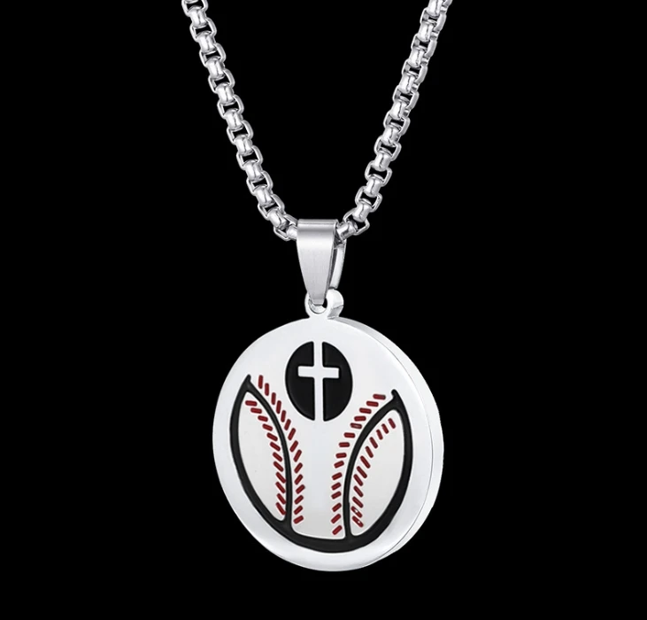 Stainless steel baseball cross round medal tennis pendant for necklace Bible verses religious sports jewelry