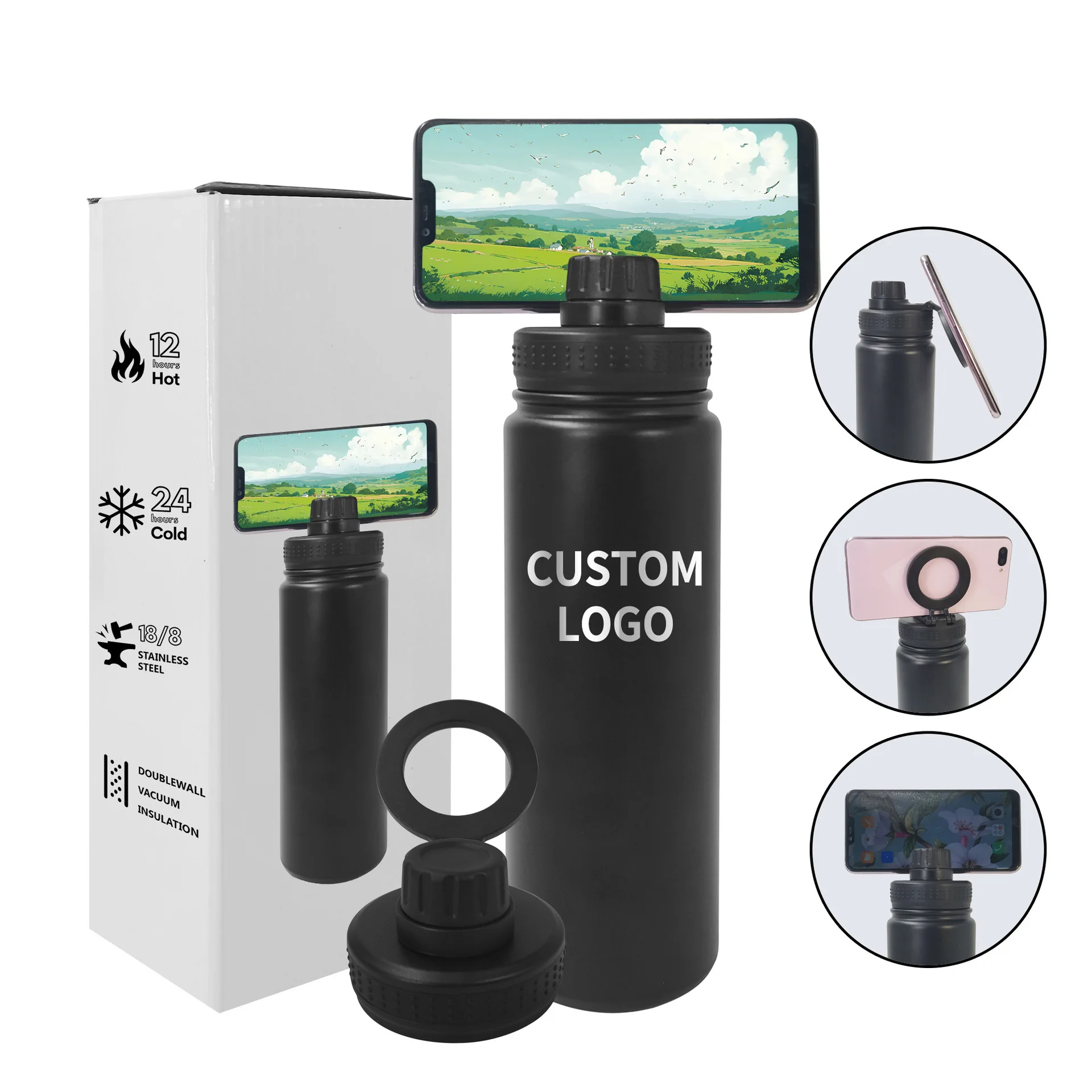 insulated  gym sports phone magnet holding stainless steel metal thermal flask water bottle with magnetic cell phone holder