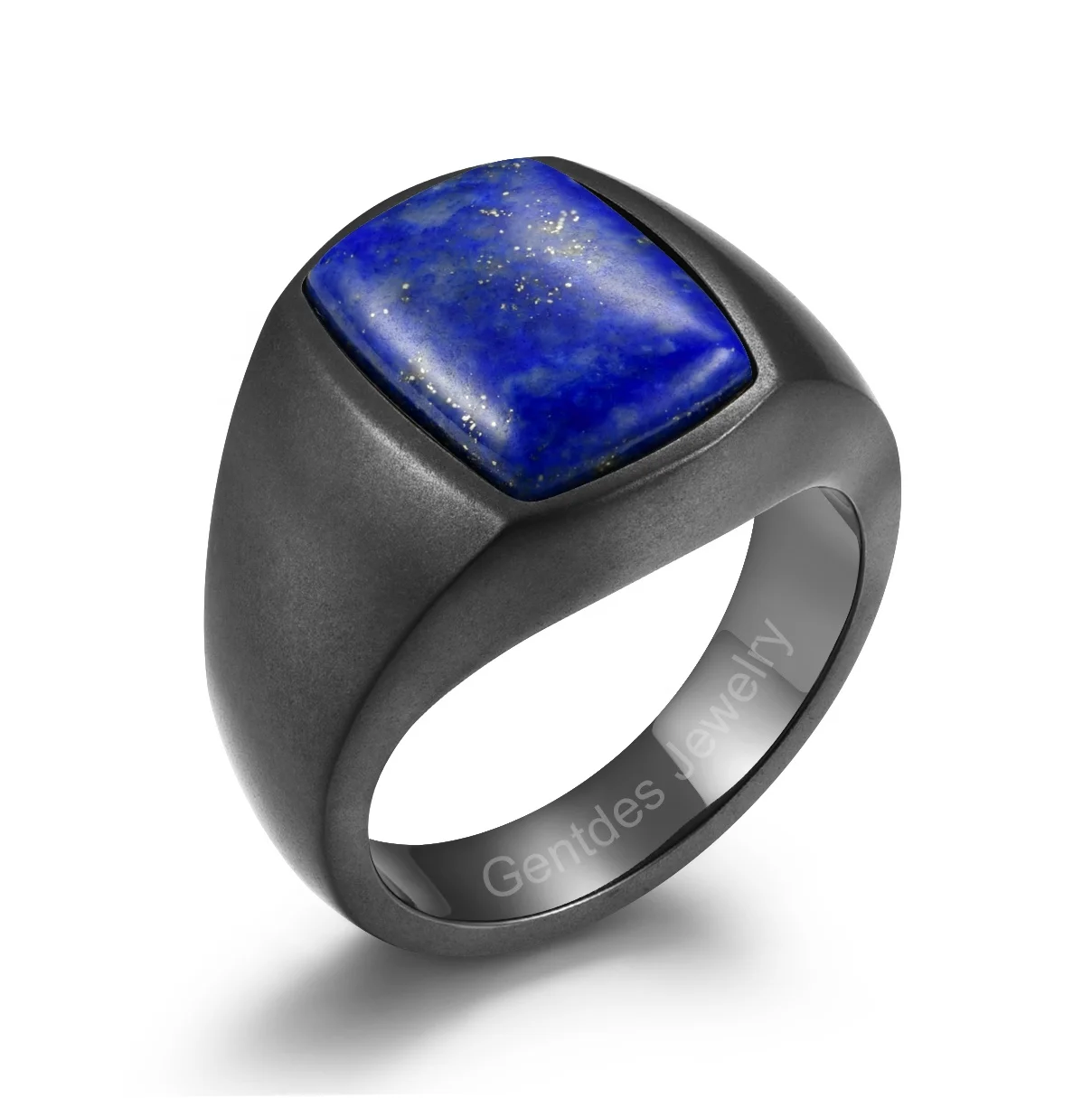 Gentdes Jewelry Stainless Steel Mens Engraved Signet Ring Custom Stamp Ring Inlay Lapis Stone Fine Jewelry For Dad Mens Gifts
