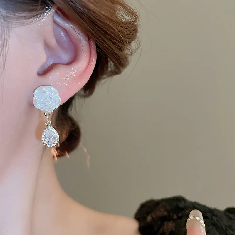 Wholesale genuine gold electroplated silver needles French white rose zircon high-end elegant wholesale Stud Earrings for Women