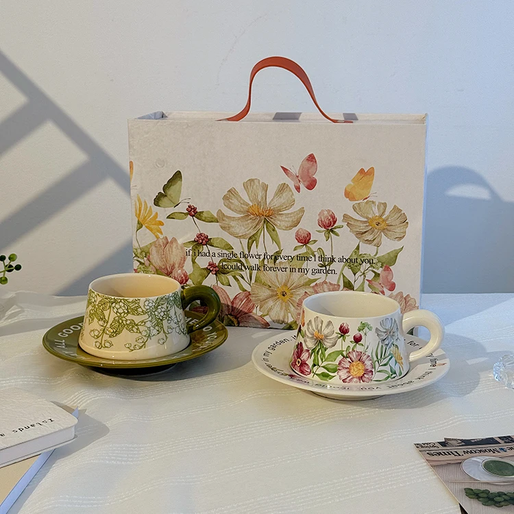 Fine quality round handle floral ceramic saucers cups porcelain espresso coffee cup set with gift box
