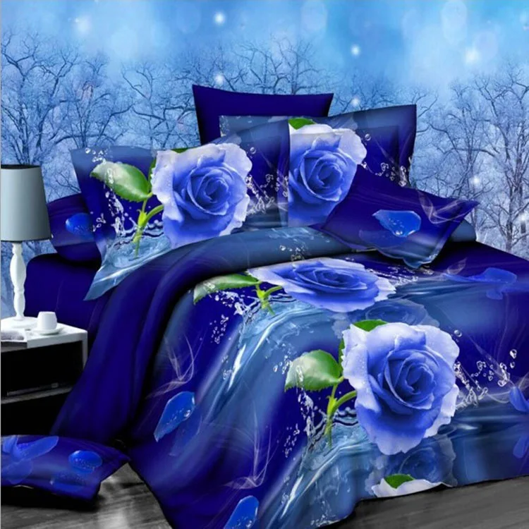 
Breathable 3D Blue Rose Bedding Sets High Quality 4Pcs Soft Cover Bedsheet Pillowcase Skin-Friendly Bed Linen/ 