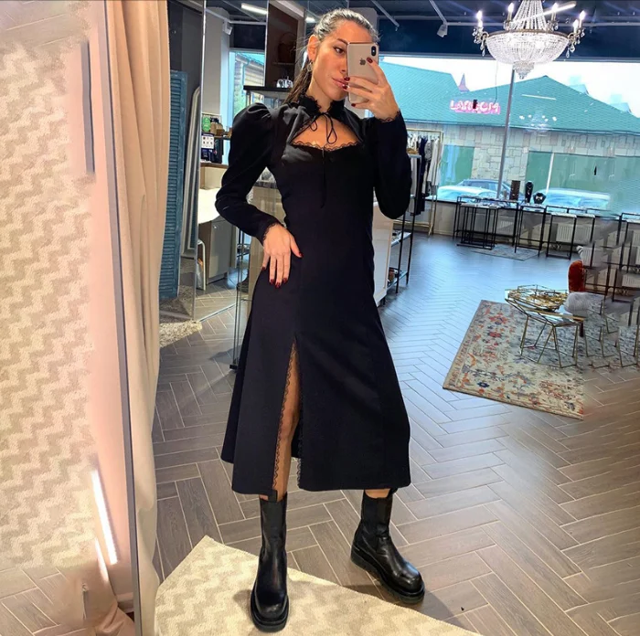 XQ1182 Autumn and winter new style puff sleeve dress long style slimming open slit tie Cheongsam ladies style
