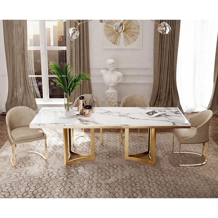 Modern luxury golden stainless steel marble top dining table set for dining room furniture