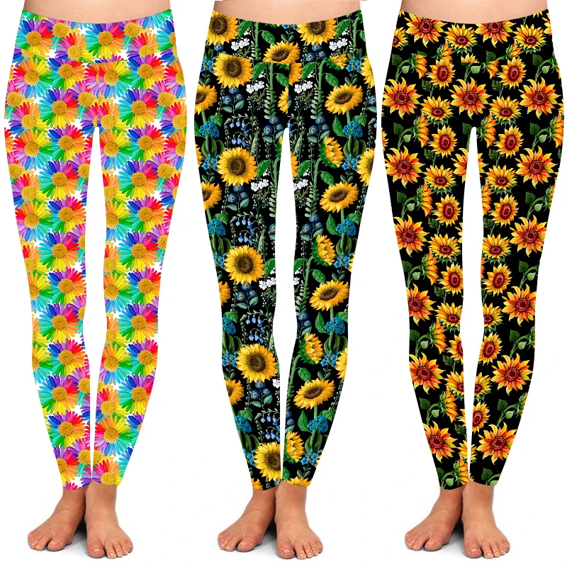 OS TC 92% Polyester 8% Spandex Brown Sunflower Flowers Buds Leaf High Waist Elastic Waist Sunflower Flower Print Leggings
