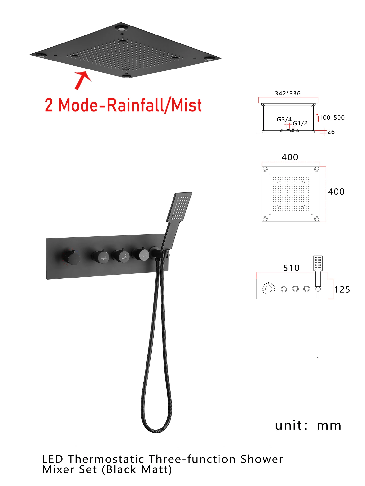 Luxury Thermostatic Big Shower Set LED Rainfall Waterfall Shower Head Massage Body Jets Handheld Shower