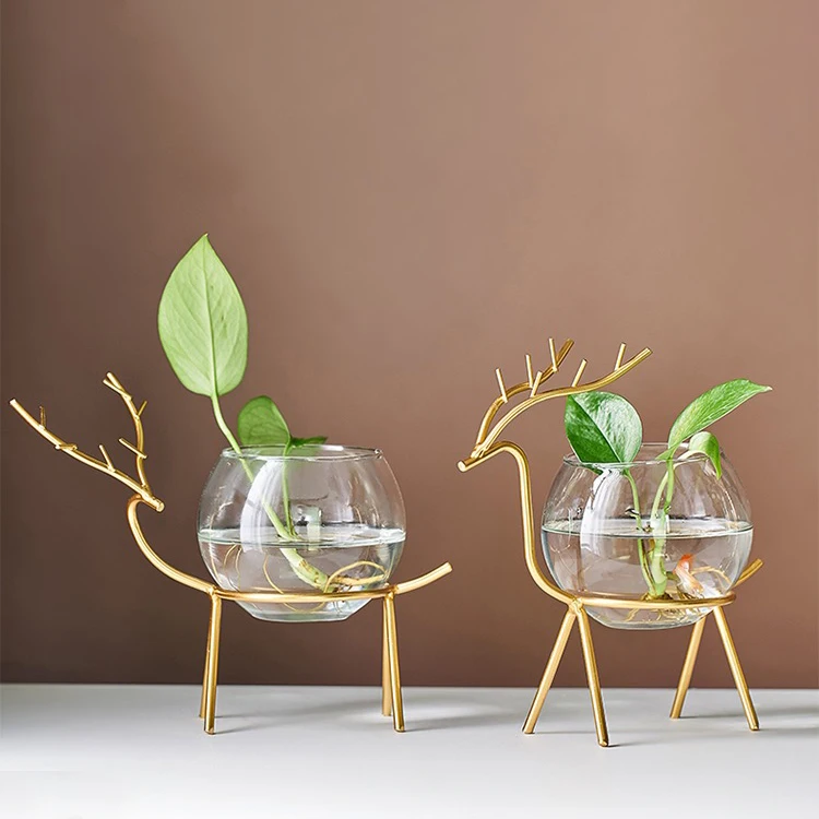Minimalist Living Room Dining Table Gold Stand Plants Round Glass Vase Decoration Green Dill Glass Plant Holder Ware Modern