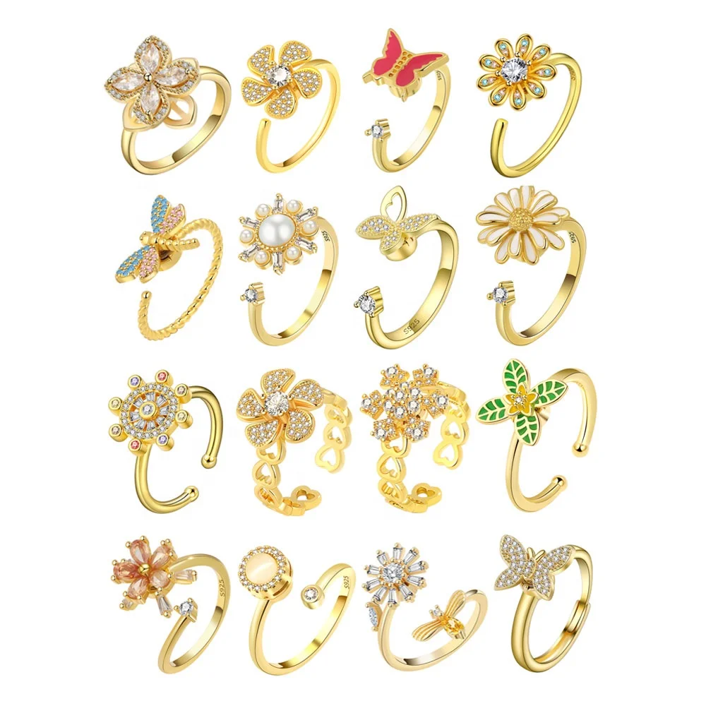 Rotatable Spinning Adjustable Size Rings 925 Sterling Silver 18K Gold Plated Relief Fidget Anti Anxiety Ring for Women