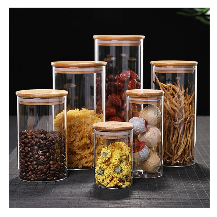 High borosilicate glass jar kitchen glass airtight container with bamboo lid storage