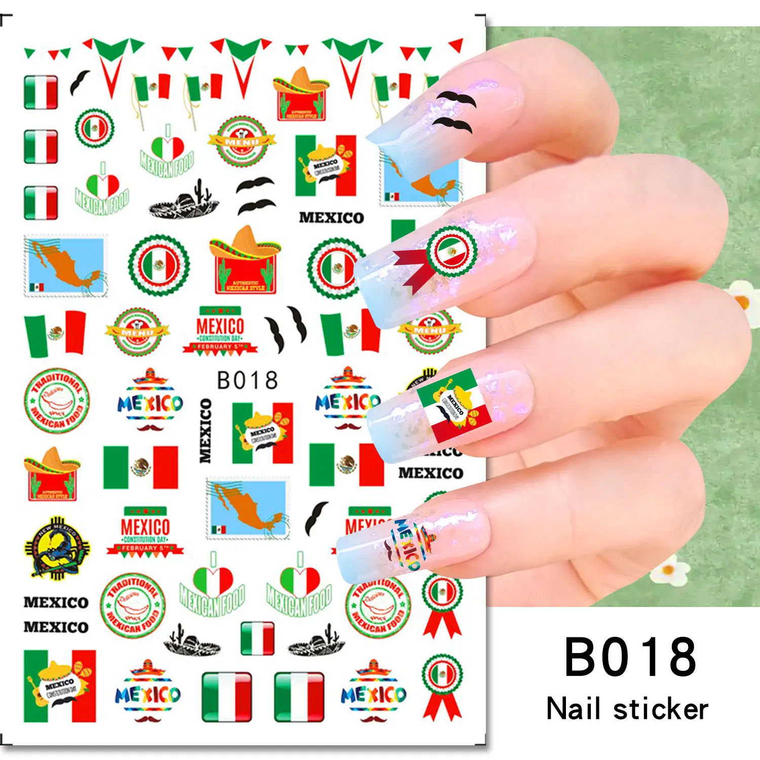 Mexico Flag Nail Art Stickers American Independence Day National Mexican Butterfly Heart Flame Series Nail Decal Slider