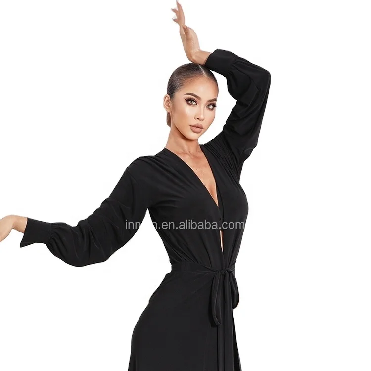 INNOIN Sexy Latin Dance Clothes For Women Tops Skirt Latin Performance Wear Hollow Waist Long Sleeve Samba Costume Rumba Dress