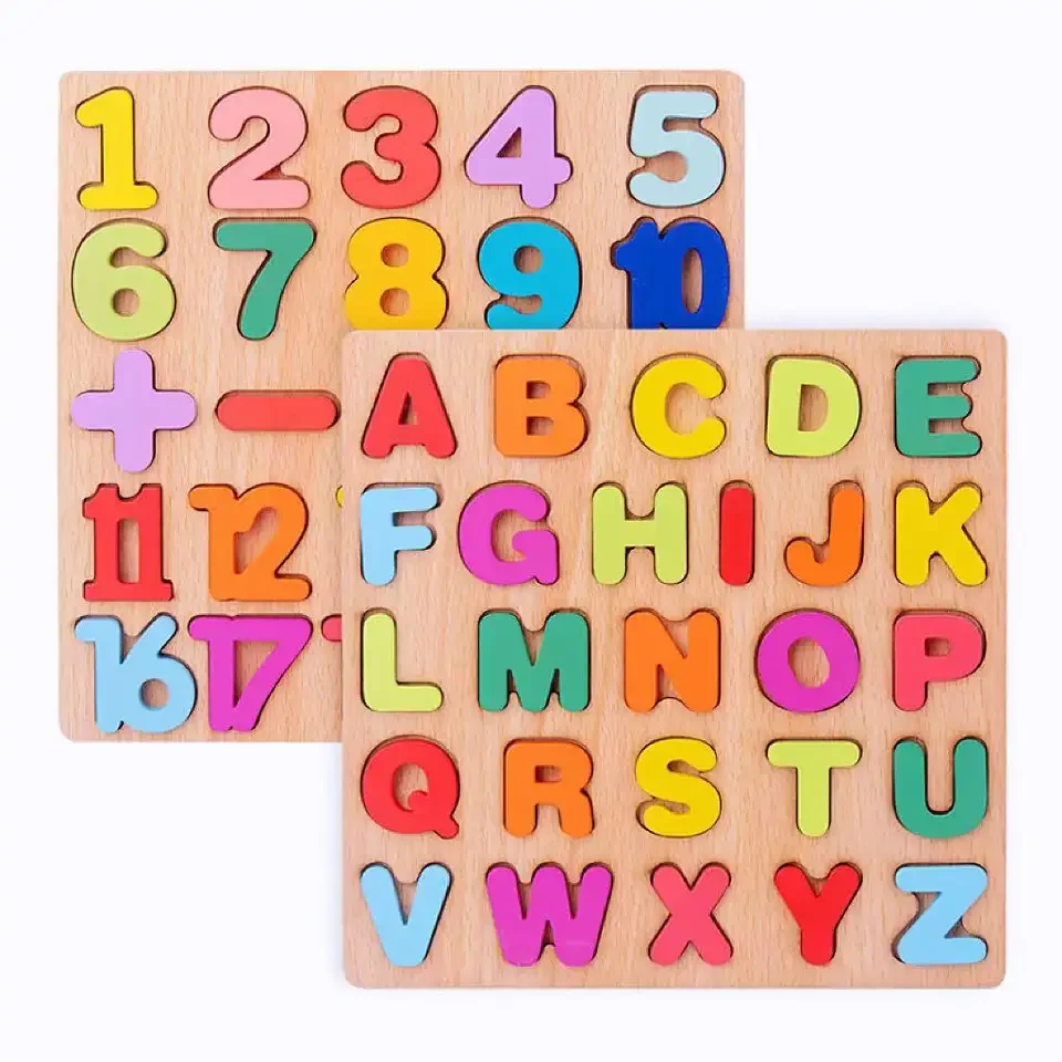 Wooden Board Alphabet Number Kids Montessori 3D Learning Puzzle Early Educational Activity Boards Toys For Child Boys And Girls