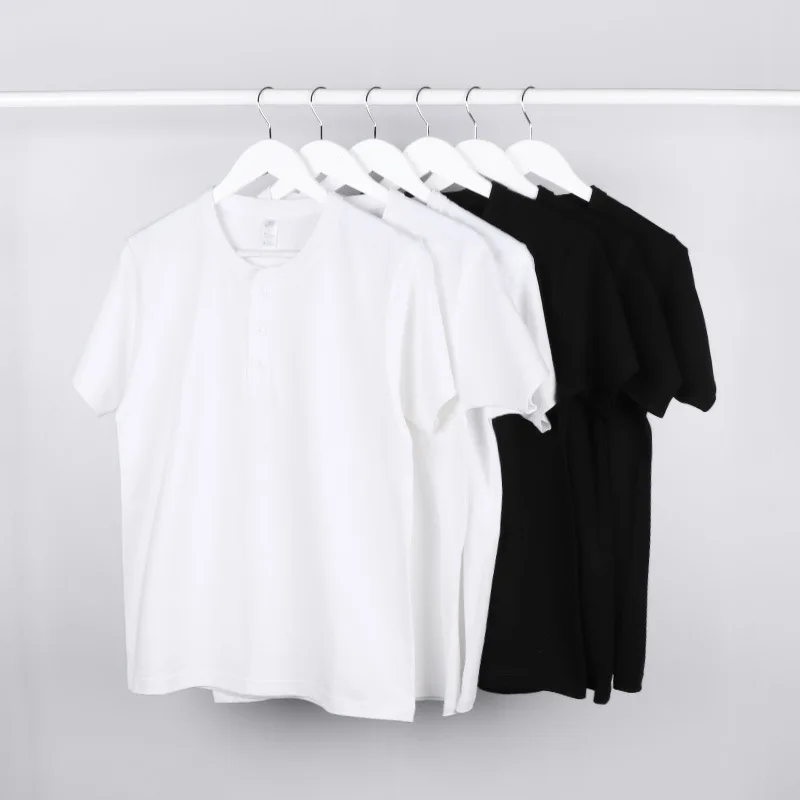 250 GSM White Black Tubular No Side Seam 3 Buttons Placket Henley Neck T Shirt