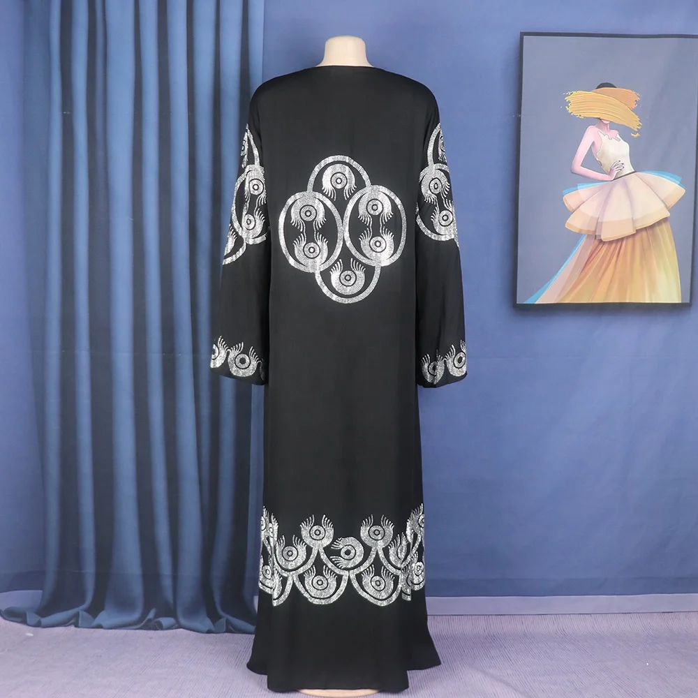 Recommend african dresses Linen Abaya Luxury rhinestones Black Abaya V-neck with long sleeves Abaya Dress